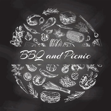 Vintage set of hand drawn monochrome  barbecue and picnic icons on chalkboard background. Elements in circle. For the design of the menu of restaurants and cafes, grilled food.