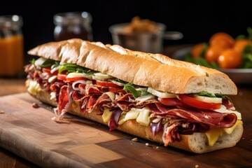 a sub sandwich filled with various meats and cheese