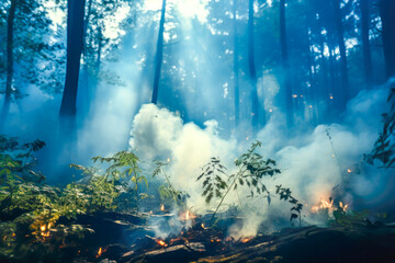 Forest fire in summer morning. Fallen tree is burned to the ground, tendrils of smoke rise from smoldering embers amidst a verdant forest floor, bathed in light. Natural disaster