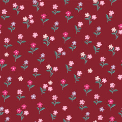 Seamless pattern of pink, light pink and purple flowers on a burgundy background.
