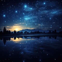 Beautiful image of lake in winter night with starry sky, snowy forest and mountains. Miracles,...