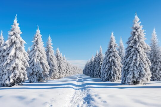Beautiful winter day in forest. Landscape of snowy road with beaten path, trees on frosty sunny day outdoors. Concept of nature