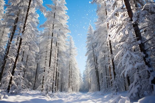 Beautiful winter day in forest. Landscape of snowy road, trees on frosty sunny day outdoors. Concept of nature