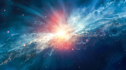Galaxy background of radiant explosion of blues and reds illuminates the universe In vast expanse of the cosmos. Celestial scene captures the infinite beauty and mystery of the great universe - obrazy, fototapety, plakaty