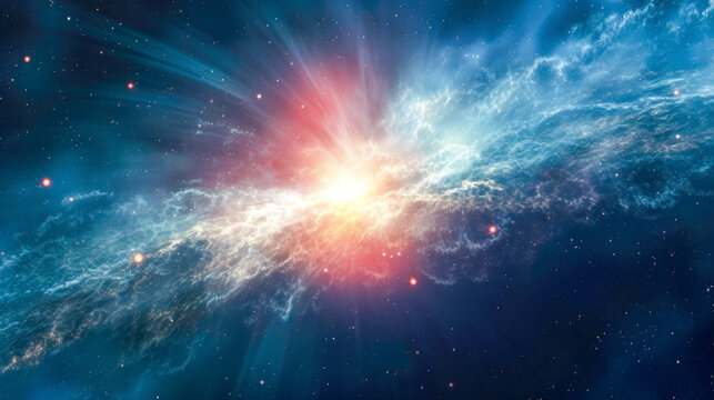 Galaxy background of radiant explosion of blues and reds illuminates the universe In vast expanse of the cosmos. Celestial scene captures the infinite beauty and mystery of the great universe