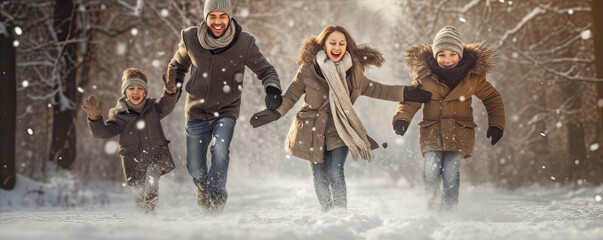 Happy family walk in winter street while snowing. - obrazy, fototapety, plakaty