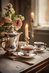 Fototapeta premium Candlelit Tea Time with Blooming Flowers and Porcelain Tableware