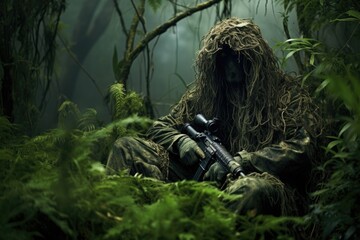 Man in the jungle with machine gun. Dark forest. Selective focus, Ghillie suit sniper camouflage sitting on a jungle, AI Generated - obrazy, fototapety, plakaty