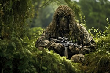 Soldier in the forest with a machine gun. War concept, Ghillie suit sniper camouflage sitting on a jungle, AI Generated - obrazy, fototapety, plakaty