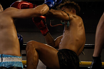 Thai boxing, martial art Muay Thai, two athletes in the ring, blue and red gloves, photo taken at...
