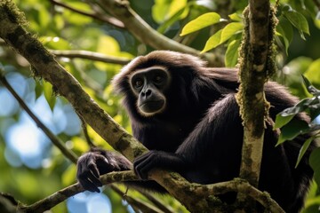 Obraz premium Portrait of a gibbon sitting on a tree in Costa Rica, Gibbon hanging from a tree in the jungle of Costa Rica, AI Generated