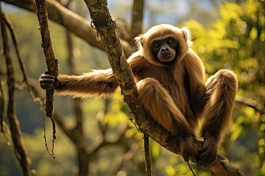 White-handed gibbon Gibbon lar on a tree, Gibbon hanging from a tree in the jungle of Costa Rica, AI Generated