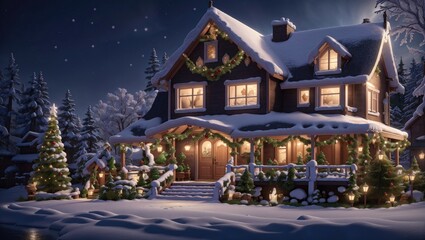 "Snowy Serenity: A Highly Detailed Digital Painting of a Cozy House on a Winter Christmas Night"