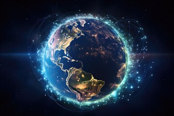 Planet Earth from space showing international network connection. 3D illustration, Global network connection over the world. Elements of this image furnished by NASA, AI Generated