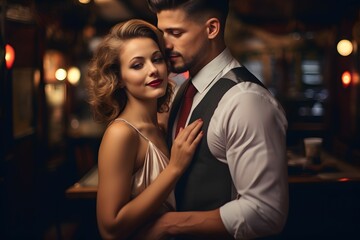 couple spending a romantic date night at a jazz club, dressed up for the occasion