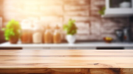 Wooden table on blurred kitchen bench background. Empty wooden table and blurred kitchen background