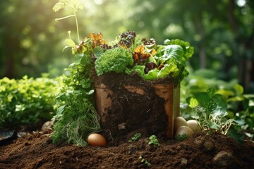 Organic vegetables growing in soil. Gardening and agriculture concept, Green Home Composting, Enriching Soil with Organic Waste in Garden Composter, AI Generated