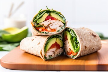 a full turkey and avocado wrap on a clean surface