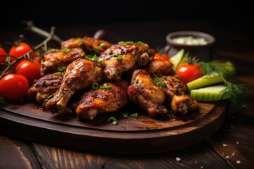 Grilled chicken wings on wooden cutting board with sauce and vegetables, Grilled chicken wings with vegetables on dark wooden background. Selective focus, AI Generated