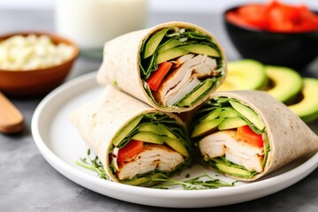 turkey and avocado wrap with a fork and knife on a plate