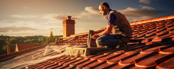 Tile roofer on house. Man repair roof from leaking water.