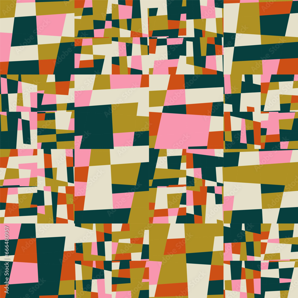Poster Abstract geometric vector background with random pattern of simple shapes like rectangle, square, triangle and polygon. Pastel colored retro style colorful mosaic.