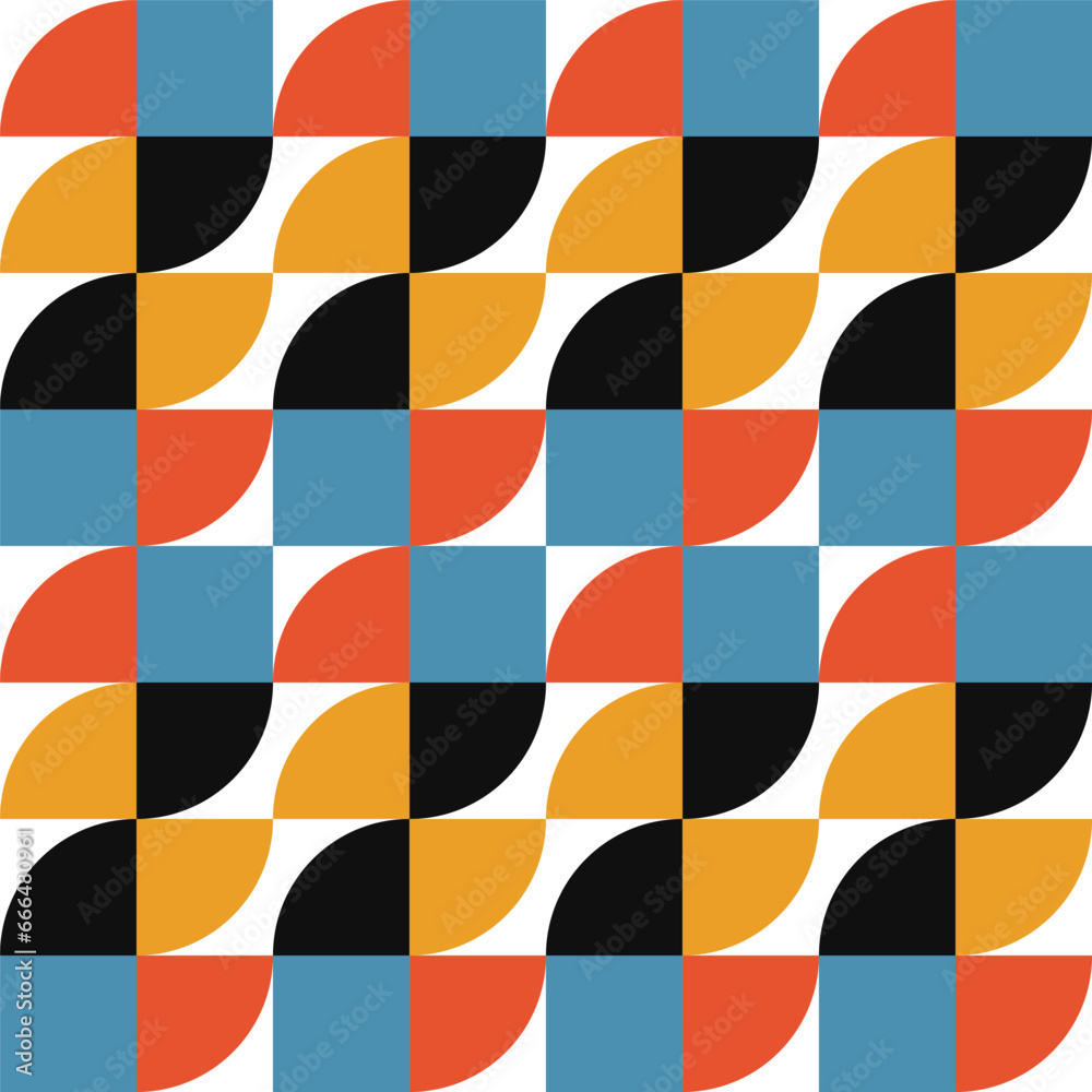 Poster Geometric abstract vector seamless pattern with circles, rectangles and squares in retro Bauhaus style. Pastel colored simple shapes graphic background.