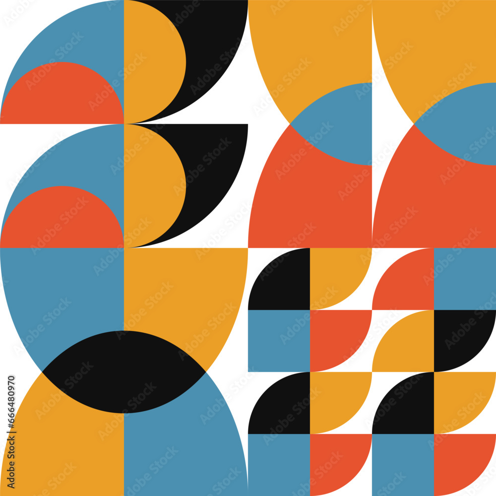 Poster Geometric abstract vector seamless pattern with circles, rectangles and squares in retro Bauhaus style. Pastel colored simple shapes graphic background.
