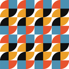 Geometric abstract vector seamless pattern with circles, rectangles and squares in retro Bauhaus style. Pastel colored simple shapes graphic background.