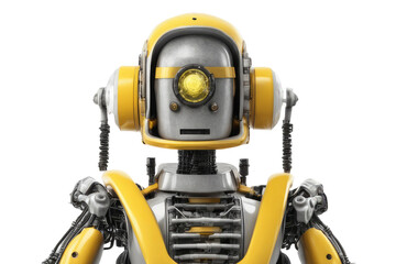 engineer robot wearing yellow safety helmet isolated on a white background