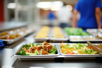 school cafeteria trays with healthy meals