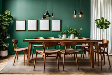 Wooden dining table and chairs against green wall with frames. Scandinavian, mid-century interior design of modern dining room