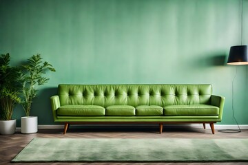 Light green leather sofa against wall with copy space. Mid-century, retro, vintage style home interior design of modern living room