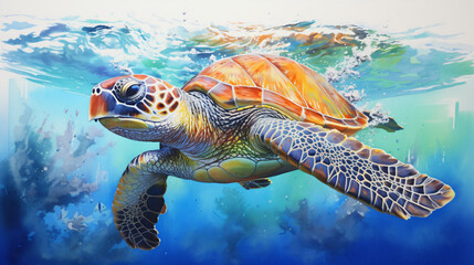 Watercolor painting of a sea turtle - obrazy, fototapety, plakaty