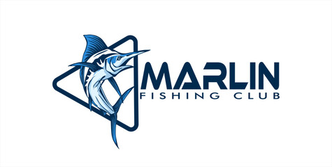 Marlin jump fish logo.Sword fish fishing emblem for sport club.  fishing background vector illustration. - obrazy, fototapety, plakaty