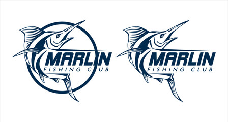 Marlin jump fish logo.Sword fish fishing emblem for sport club.  fishing background vector illustration. - obrazy, fototapety, plakaty
