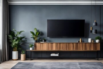 TV on the cabinet in modern living room on gray wall background