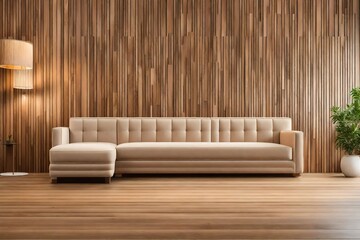 Beige corner sofa against of wooden paneling wall. Minimalist interior design of modern living room