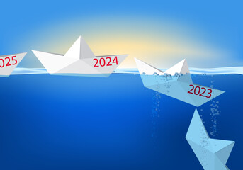 Carte de vœux 2024 montrant des bateaux en papier qui se succèdent à la queue leu leu, avant de couler à pic pour symboliser l’année qui s’achève et disparaît dans le passé. - obrazy, fototapety, plakaty