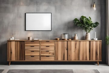 Wooden cabinet, dresser against concrete wall with empty blank mock up poster frame with copy space. Scandinavian home interior design of modern living room