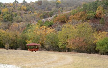 Wooden gazebo on the background of a picturesque autumn forest in the vicinity of Beloslav in...