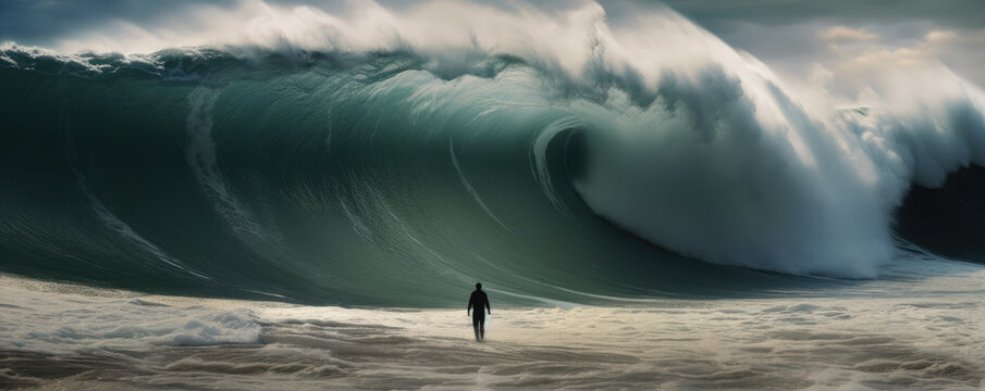 Big wave comming on the beach in front of man