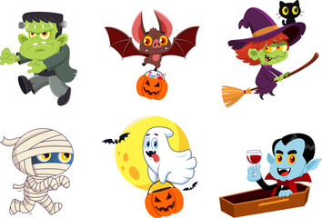 Halloween Cartoon Characters. Vector Flat Design Collection Set Isolated On Transparent Background