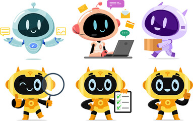 AI Robot Chat Bot Cartoon Characters. Vector Flat Design Collection Set Isolated On Transparent Background