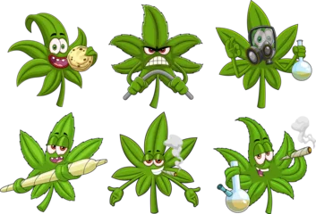 Fotobehang Funny Marijuana Leaf Cartoon Characters. Vector Hand Drawn Collection Set Isolated On Transparent Background © HitToon.com