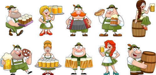 Oktoberfest People Cartoon Characters. Vector Hand Drawn Collection Set Isolated On Transparent Background