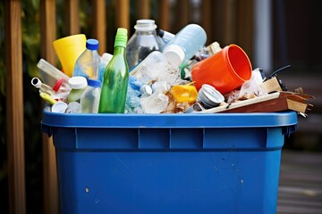 overfilled recycling bin with various plastic items