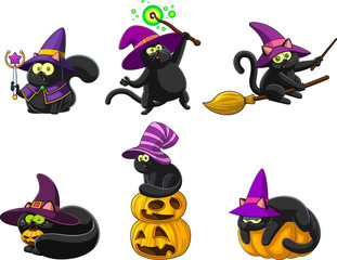 Halloween Witch Black Cat Cartoon Characters. Vector Hand Drawn Collection Set Isolated On Transparent Background