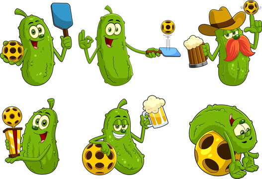 Pickle Cartoon Characters Pickleball Ball Players. Vector Hand Drawn Collection Set Isolated On Transparent Background