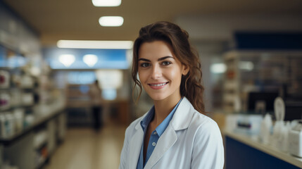 Obraz premium Cheerful pharmacist standing in pharmacy drugstore, Medicine, pharmaceutics, health care and people concept: happy pharmacist giving medications to senior male customer